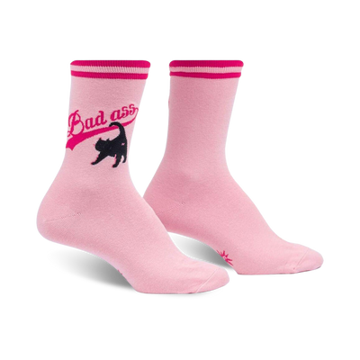 pink and black crew socks with "bad ass" embroidered above a cat graphic showing it derriere.   