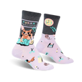 Crew socks in lavender and grey. One sock shows a cat on the phone, the other has office supplies.  'Purrrfessional' text.