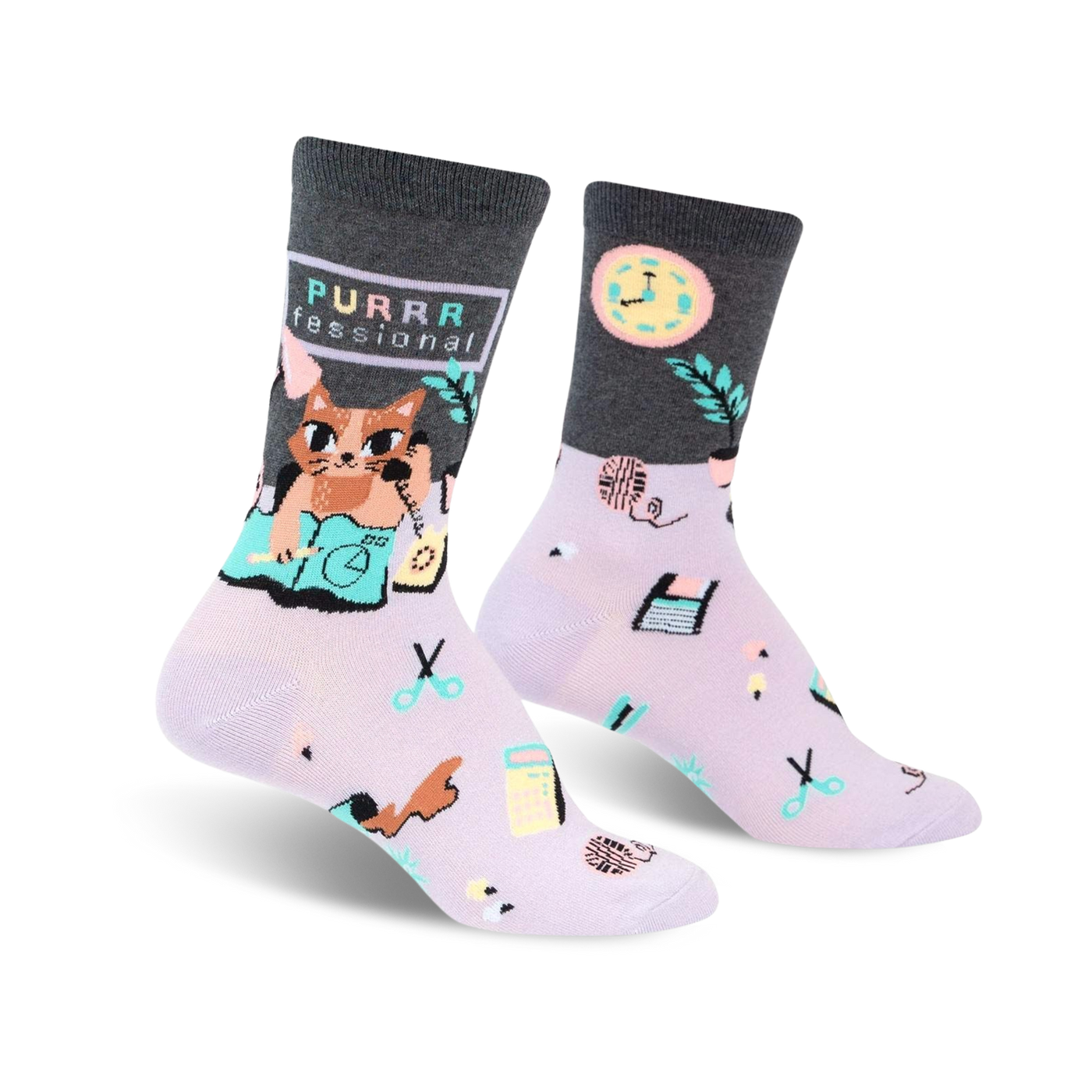 Crew socks in lavender and grey. One sock shows a cat on the phone, the other has office supplies.  'Purrrfessional' text.
