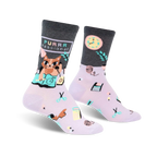 Crew socks in lavender and grey. One sock shows a cat on the phone, the other has office supplies.  'Purrrfessional' text.