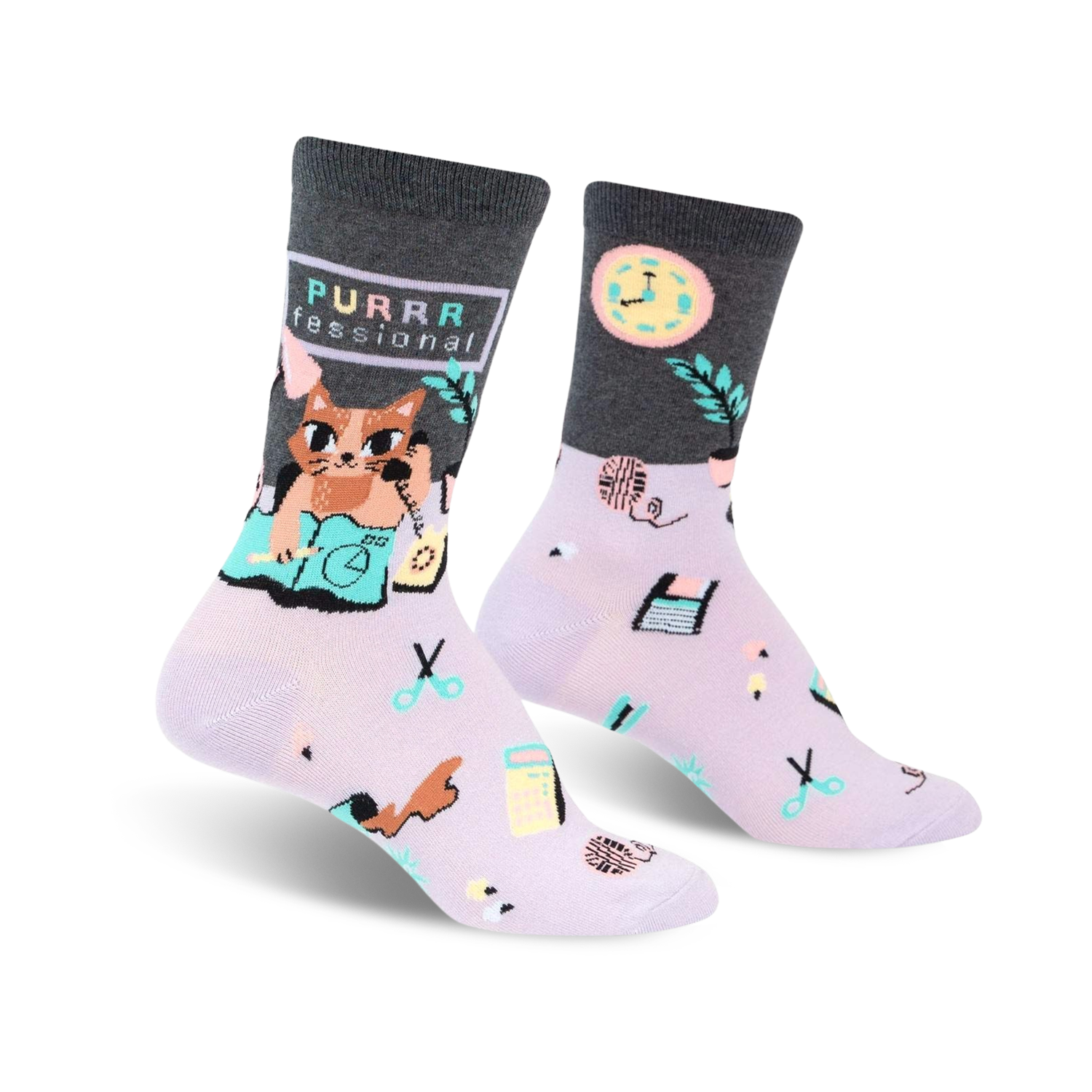 Crew socks in lavender and grey. One sock shows a cat on the phone, the other has office supplies.  'Purrrfessional' text.