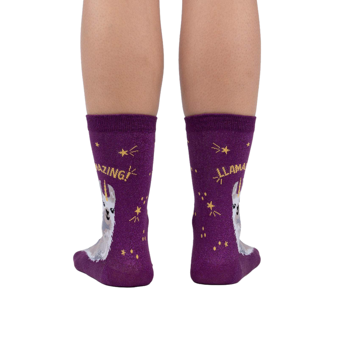 Back view of the Llama Shimmer socks, showcasing the design on both socks.