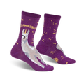 Purple crew socks with a whimsical unicorn llama and gold constellation design.  Features glitter fabric.