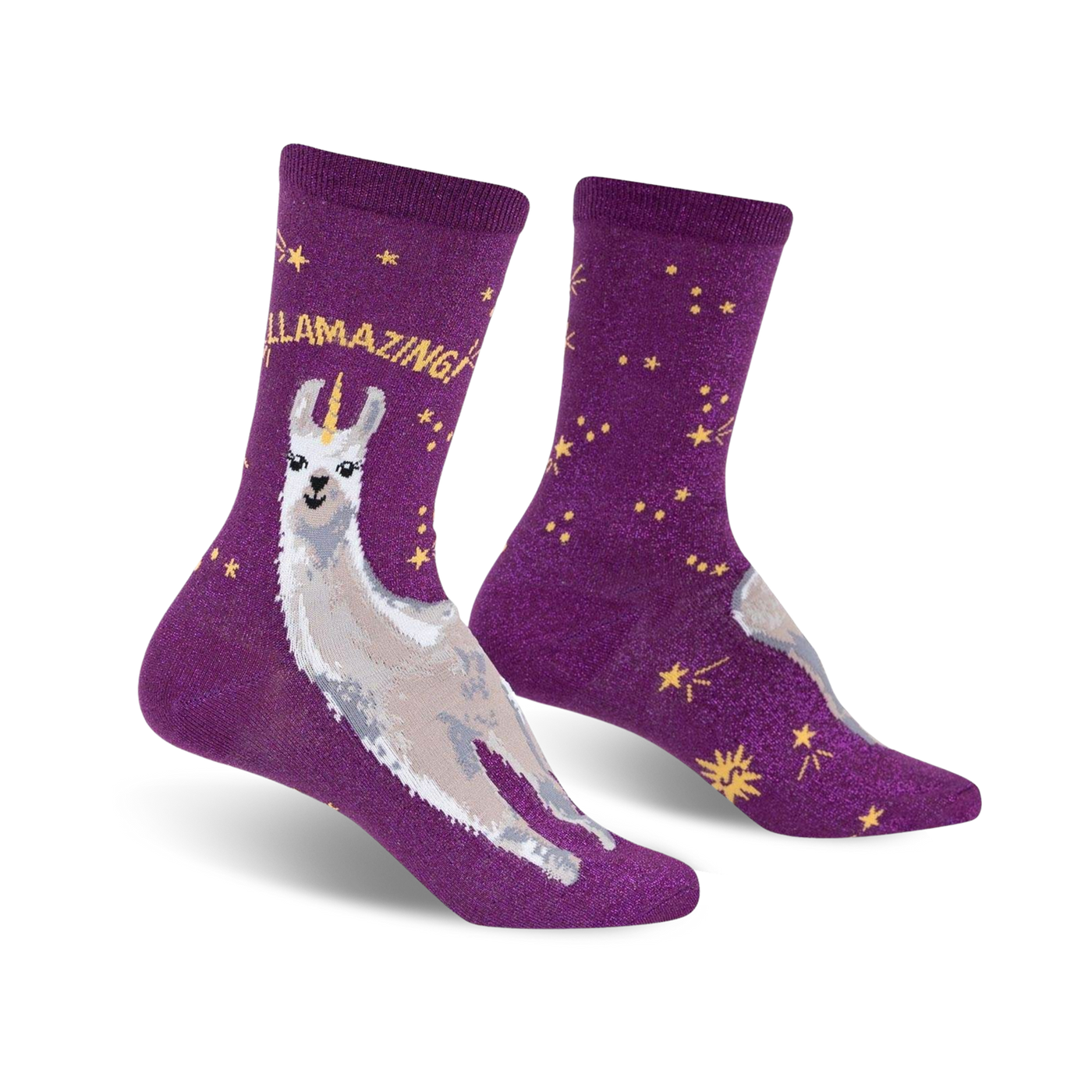 Purple crew socks with a whimsical unicorn llama and gold constellation design.  Features glitter fabric.