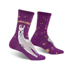 Purple crew socks with a whimsical unicorn llama and gold constellation design.  Features glitter fabric.