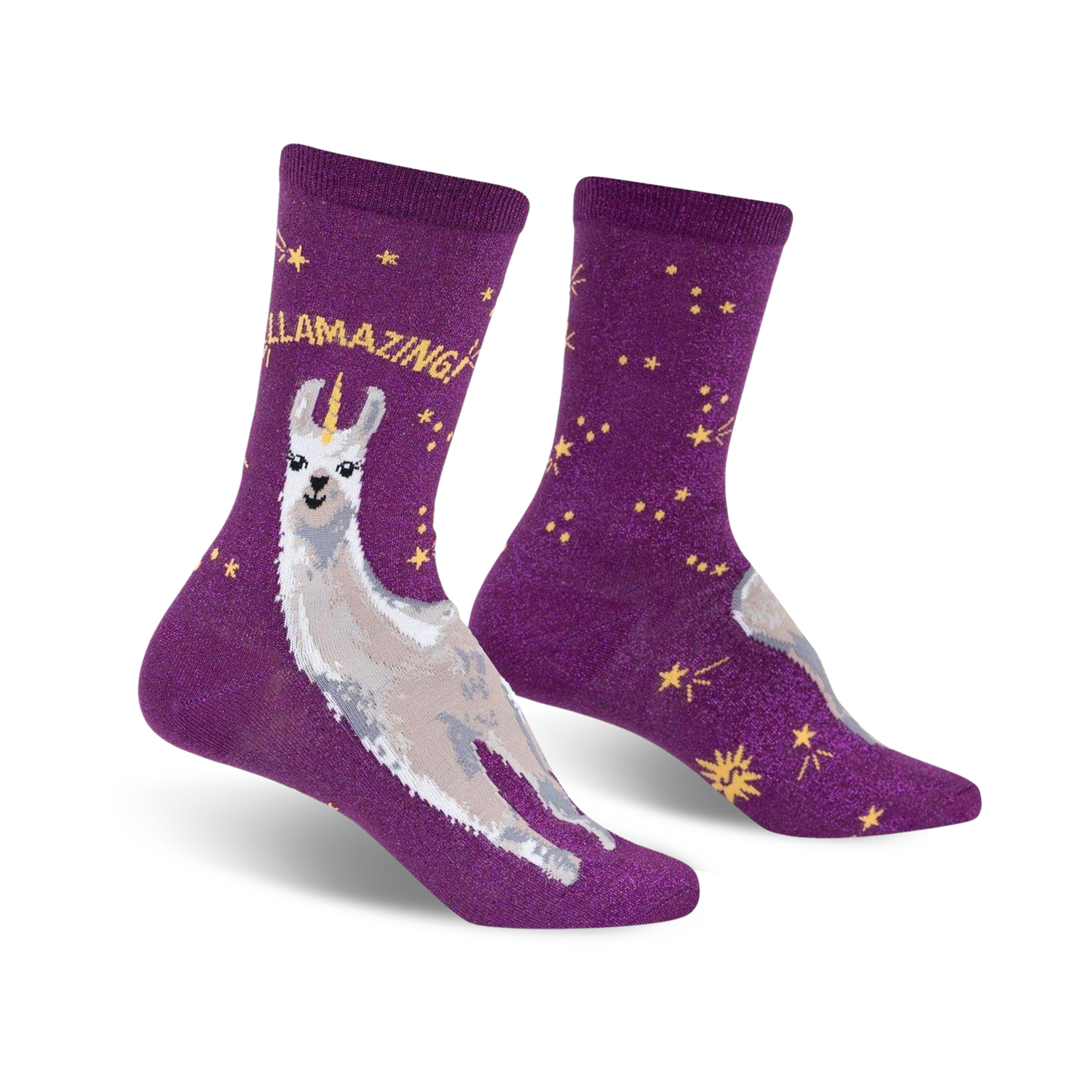 Purple crew socks with a whimsical unicorn llama and gold constellation design.  Features glitter fabric.