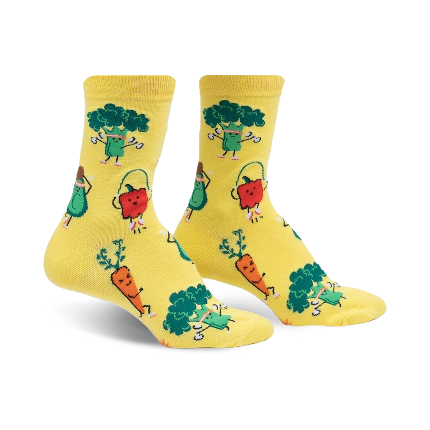 Pair of yellow crew socks featuring cartoon broccoli, carrots, avocados, and apples exercising. 
