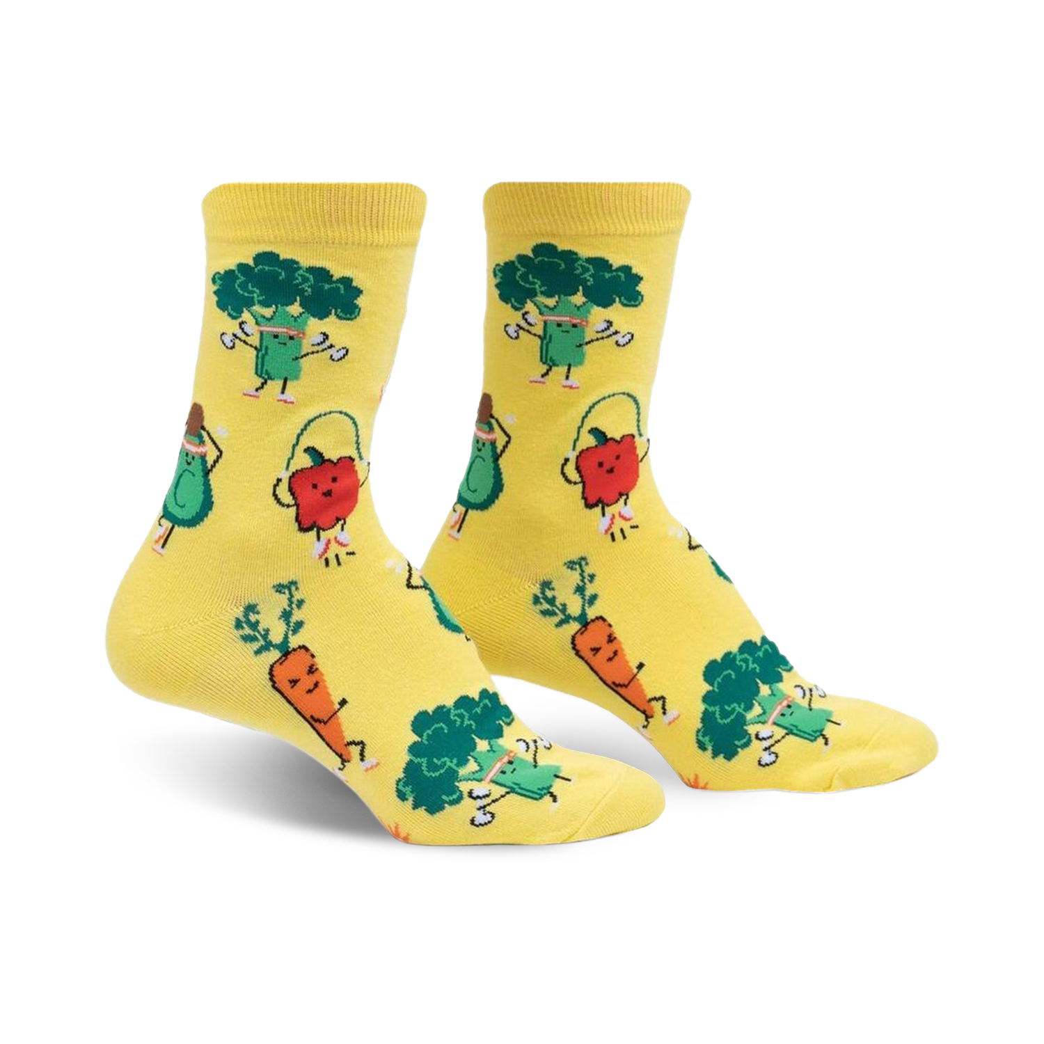 Pair of yellow crew socks featuring cartoon broccoli, carrots, avocados, and apples exercising. 