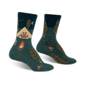 Crew socks in teal, navy, and orange, showcasing a whimsical camping scene with a tent, campfire, and forest elements.