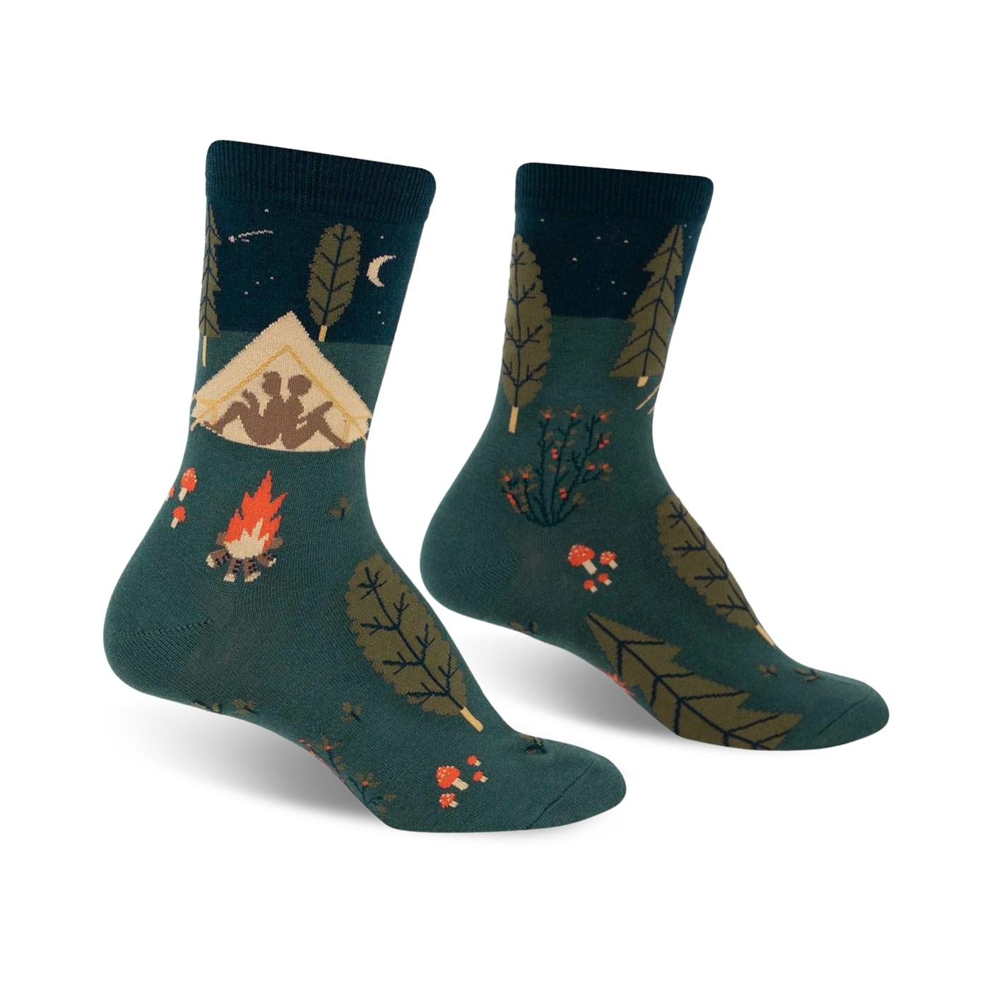 Crew socks in teal, navy, and orange, showcasing a whimsical camping scene with a tent, campfire, and forest elements.