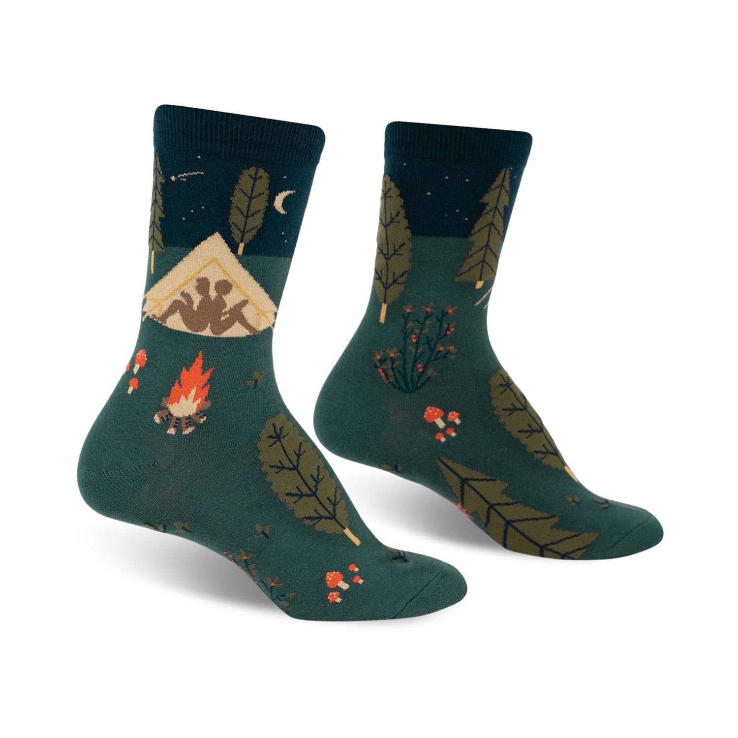 Crew socks in teal, navy, and orange, showcasing a whimsical camping scene with a tent, campfire, and forest elements.