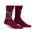 Burgundy crew socks with a graphic of a moose wearing sunglasses surrounded by pine branches. 