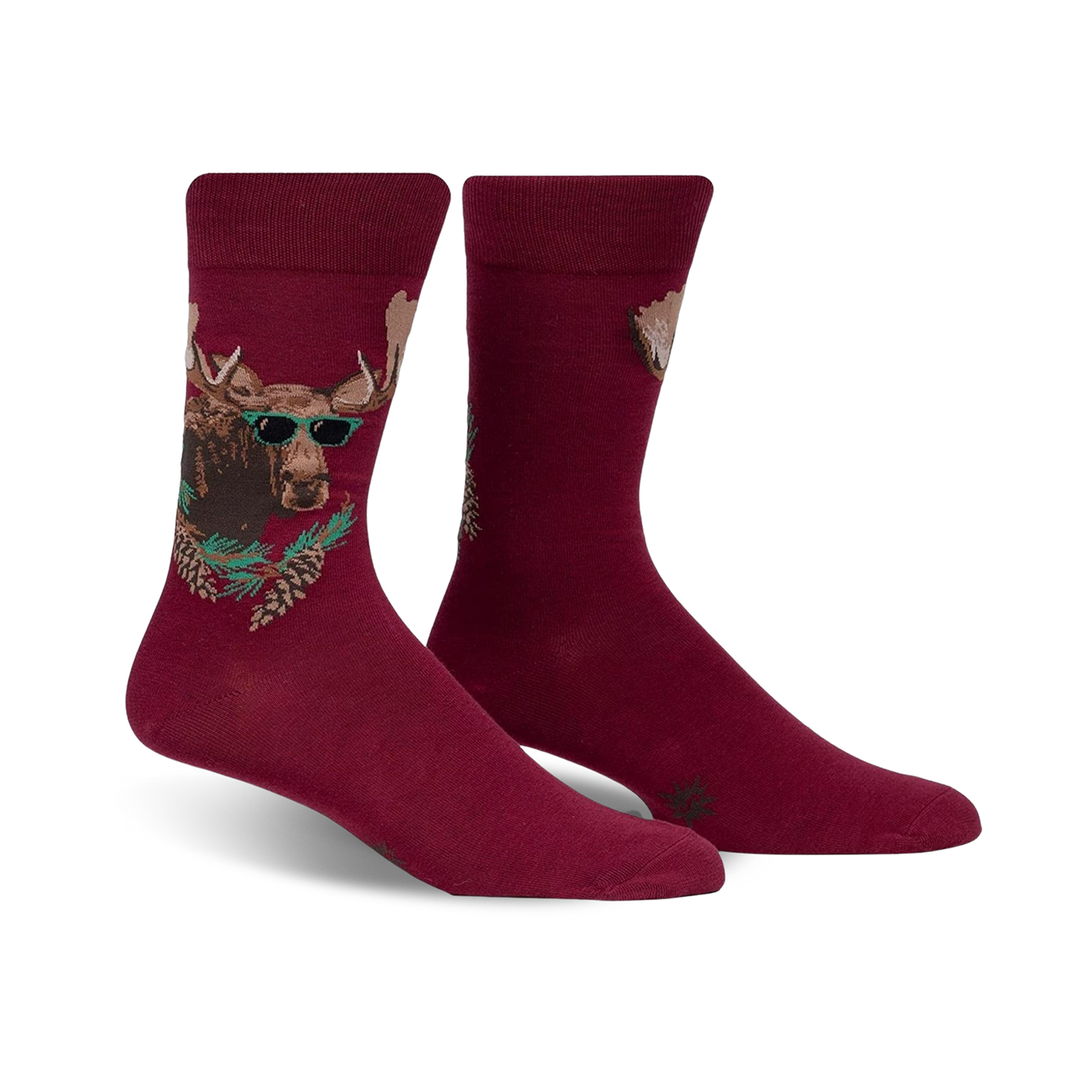 Burgundy crew socks with a graphic of a moose wearing sunglasses surrounded by pine branches. 