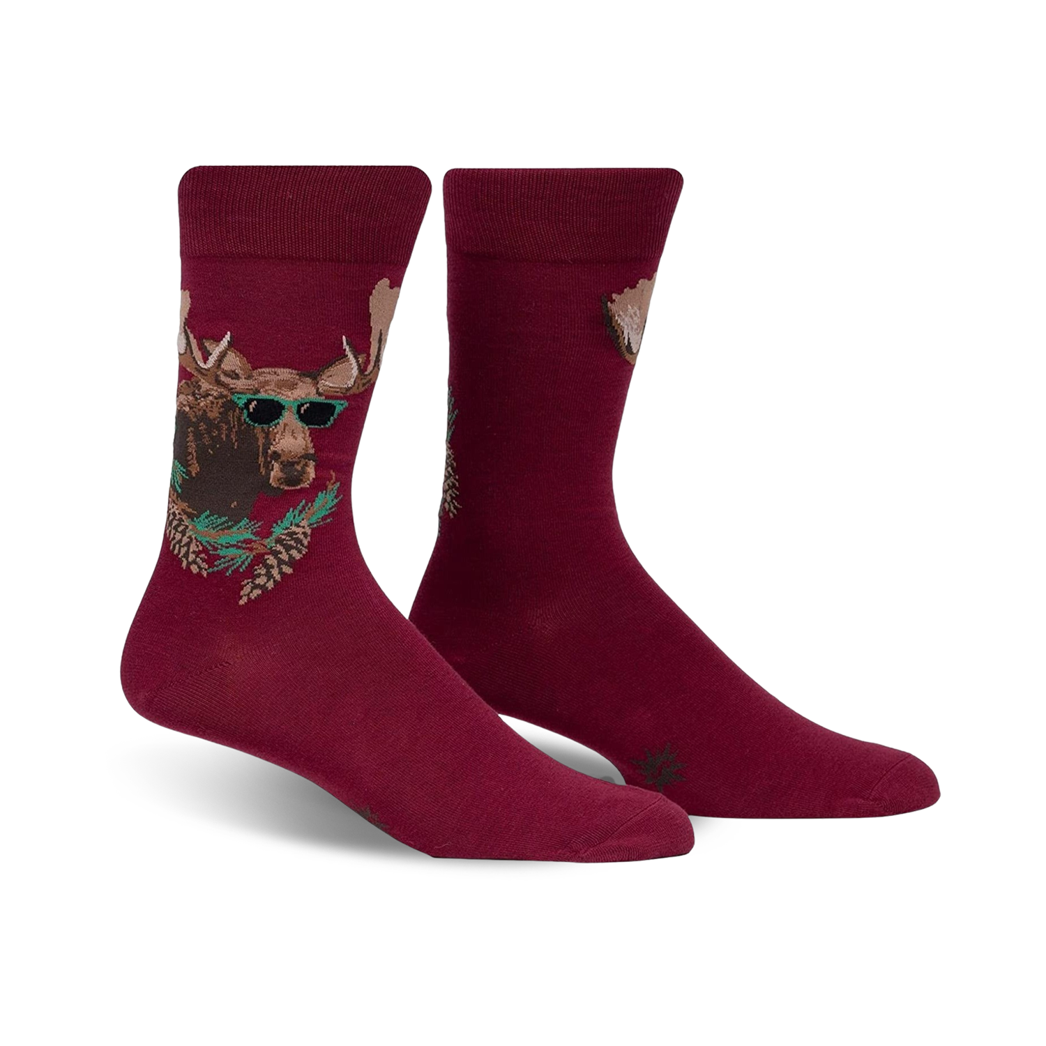 Burgundy crew socks with a graphic of a moose wearing sunglasses surrounded by pine branches. 