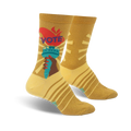 Crew socks in gold with a vibrant Statue of Liberty graphic, 'VOTE' text, and yellow-gold stripes. 