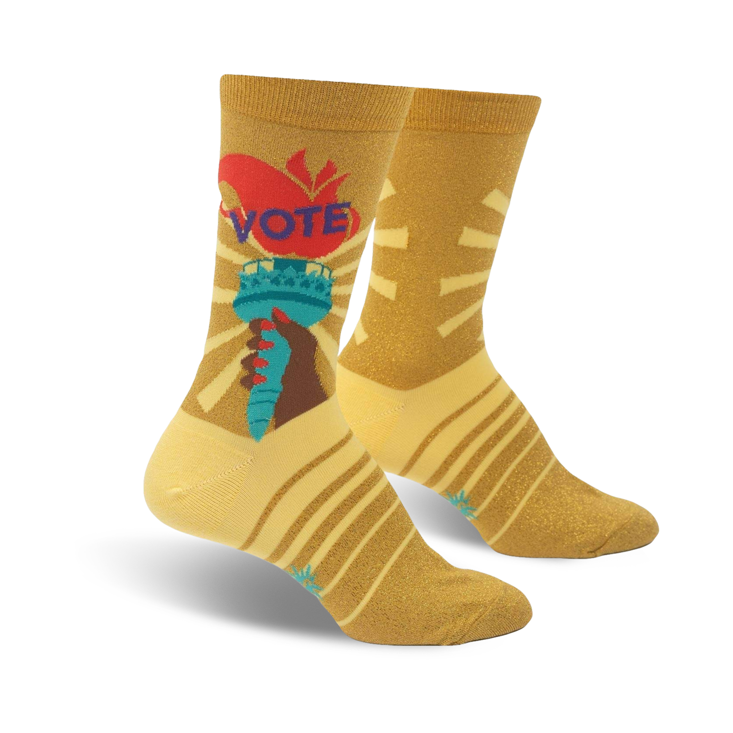 Crew socks in gold with a vibrant Statue of Liberty graphic, 'VOTE' text, and yellow-gold stripes. 