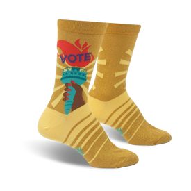 liberty enlights the world shimmer political themed womens yellow novelty crew socks