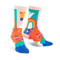 Crew socks in pink, orange, blue, and green.  Features a fun design with rainbows, doves, peace signs, and the word 'FORWARD'.