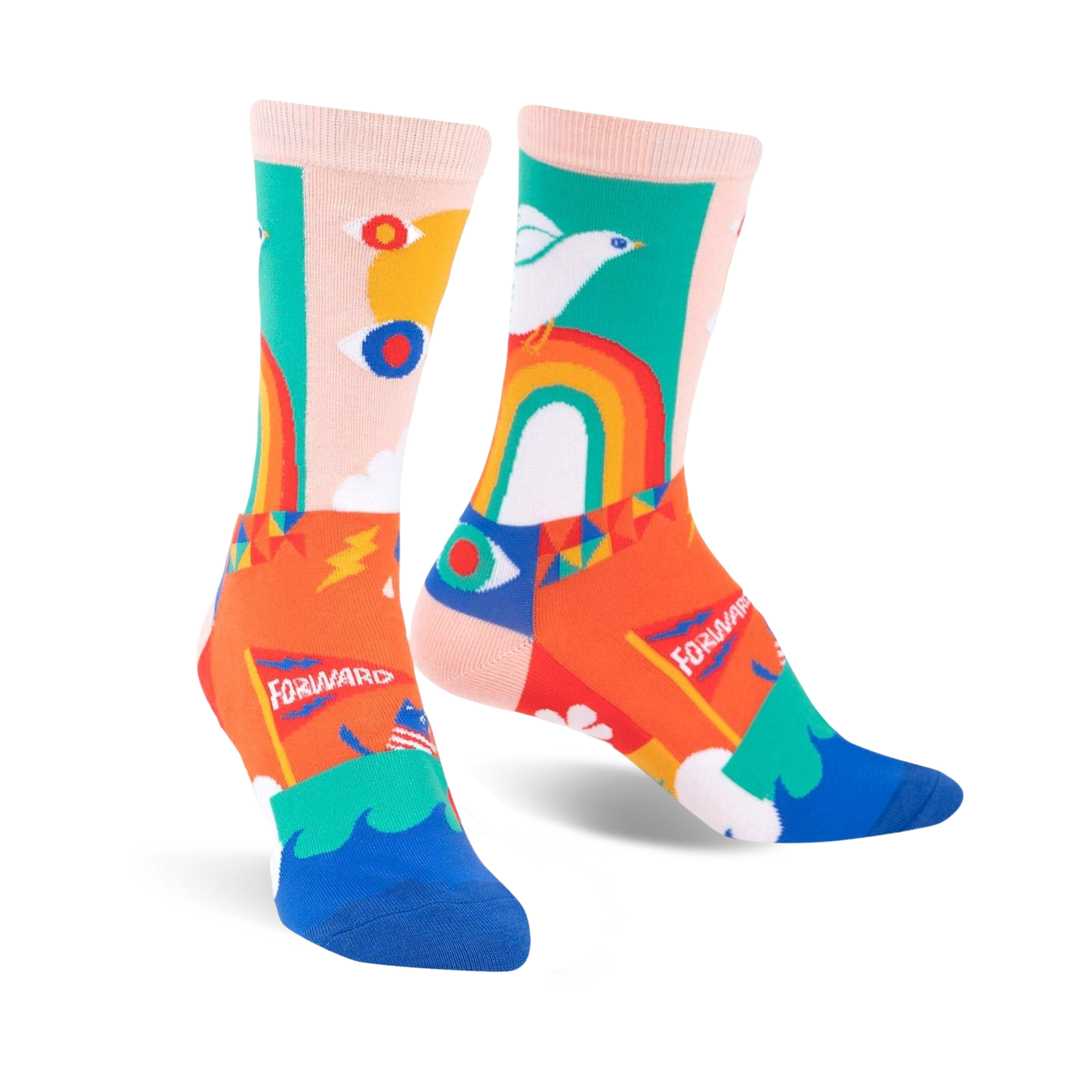 Crew socks in pink, orange, blue, and green.  Features a fun design with rainbows, doves, peace signs, and the word 'FORWARD'.