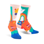 Crew socks in pink, orange, blue, and green.  Features a fun design with rainbows, doves, peace signs, and the word 'FORWARD'.