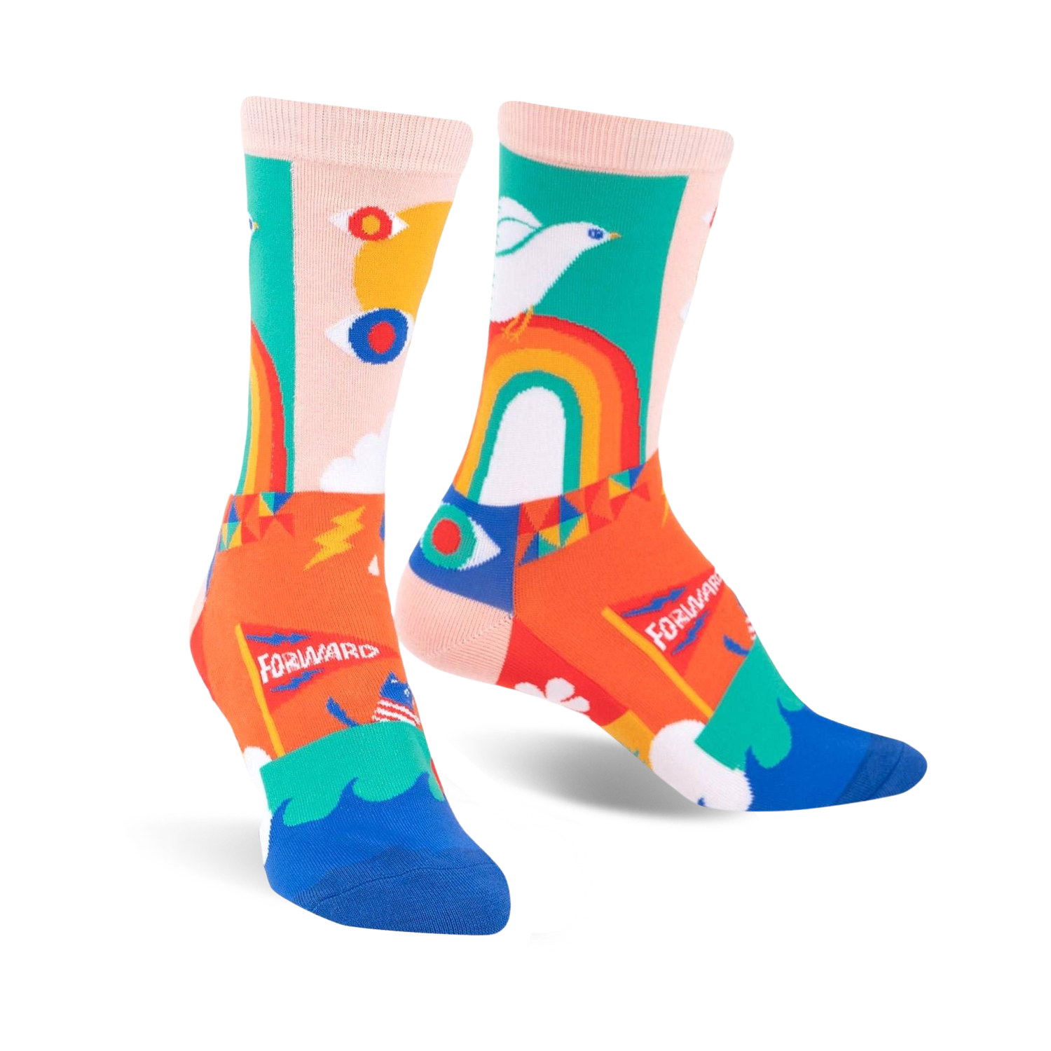 Crew socks in pink, orange, blue, and green.  Features a fun design with rainbows, doves, peace signs, and the word 'FORWARD'.