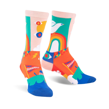 colorful crew socks for women with peace signs, rainbows, and flowers designed by lisa congdon.  