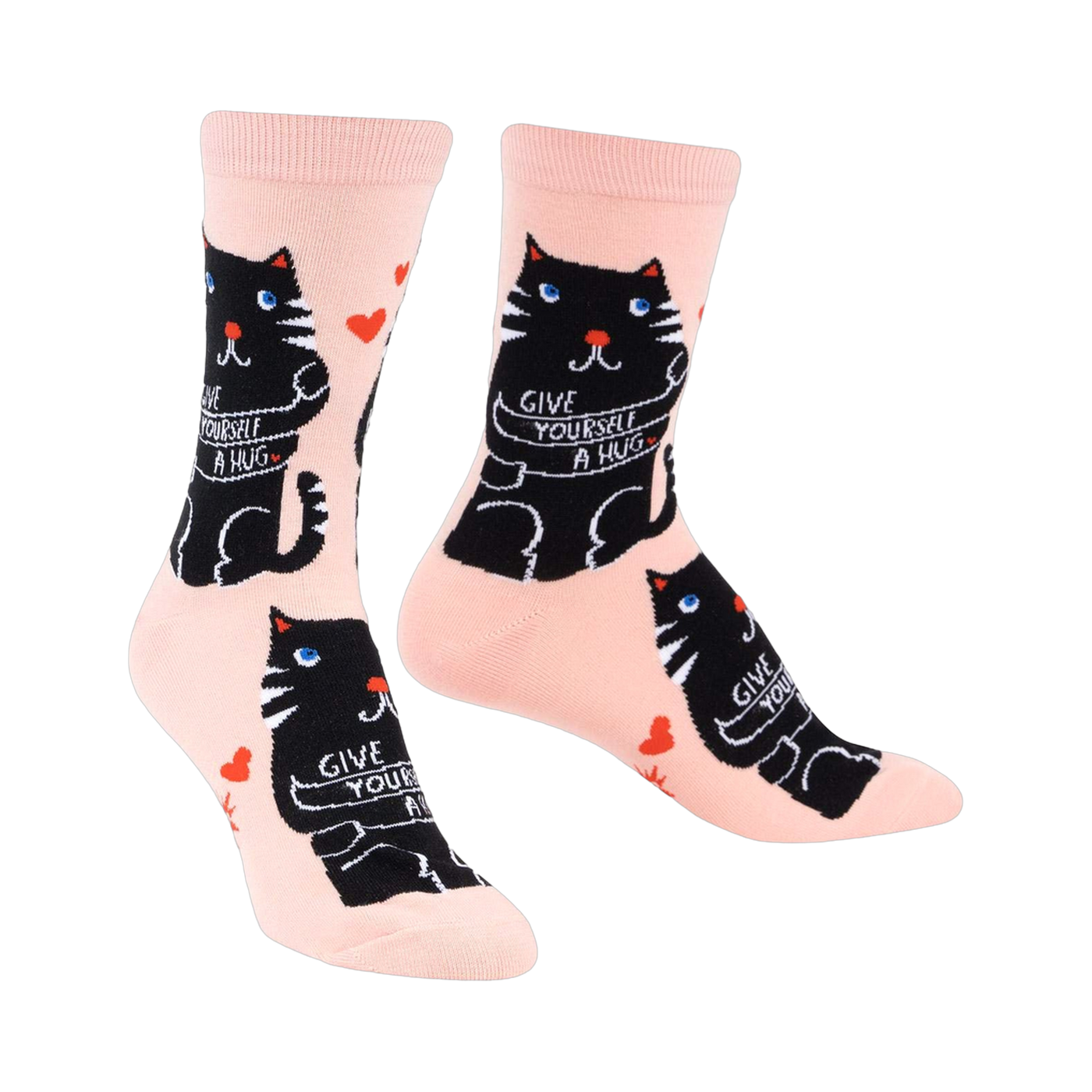 Crew socks in pale pink with a repeating pattern of black cats hugging themselves and the words 'Give Yourself A Hug'.