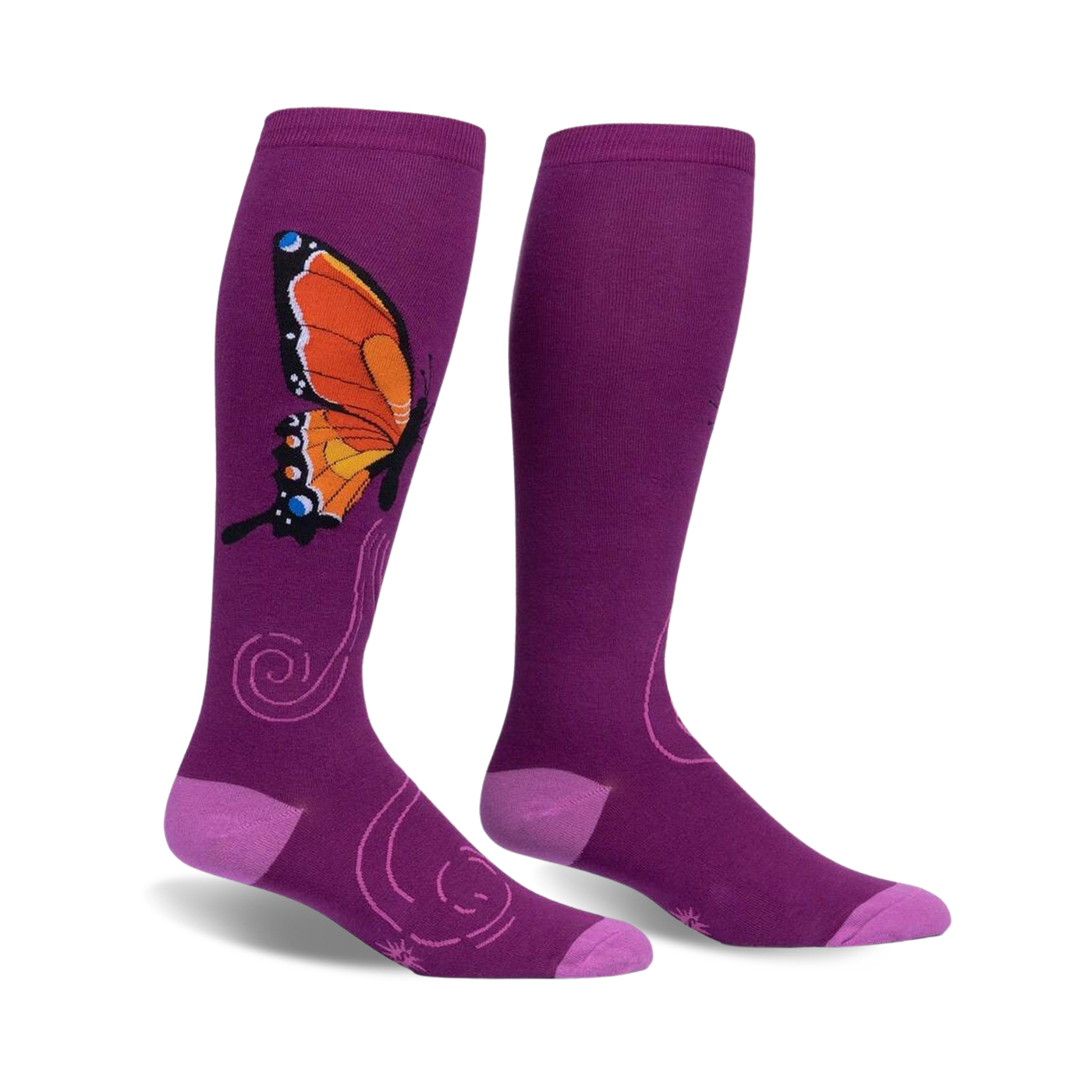 Pair of purple knee-high socks with an orange butterfly design and swirling accents.  The socks have a light purple cuff.