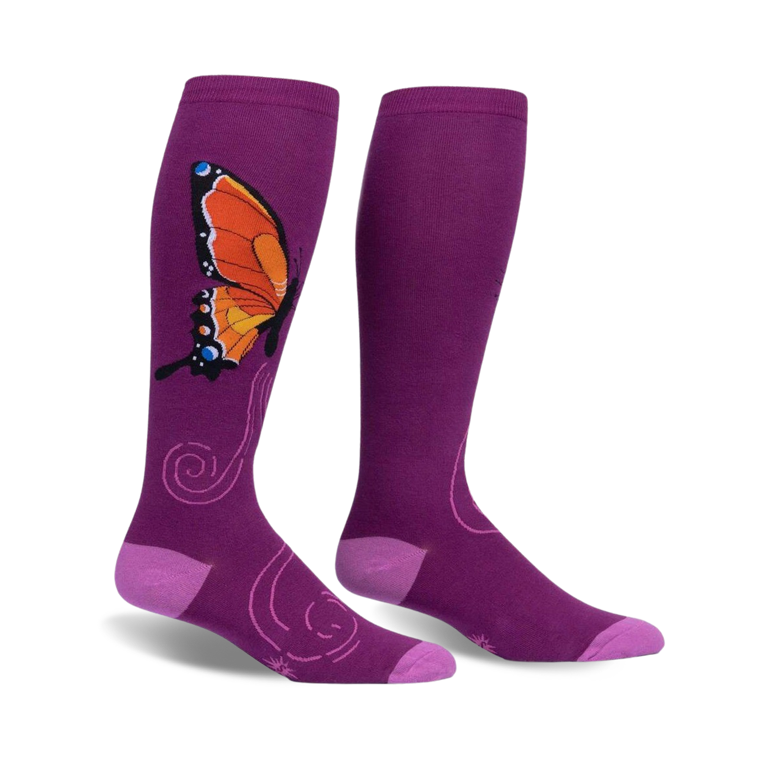 Pair of purple knee-high socks with an orange butterfly design and swirling accents.  The socks have a light purple cuff.