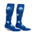 Pair of blue knee-high socks with a whimsical jellyfish pattern.  Features teal accents and glows in the dark!