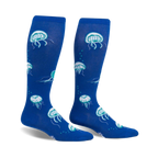 Pair of blue knee-high socks with a whimsical jellyfish pattern.  Features teal accents and glows in the dark!
