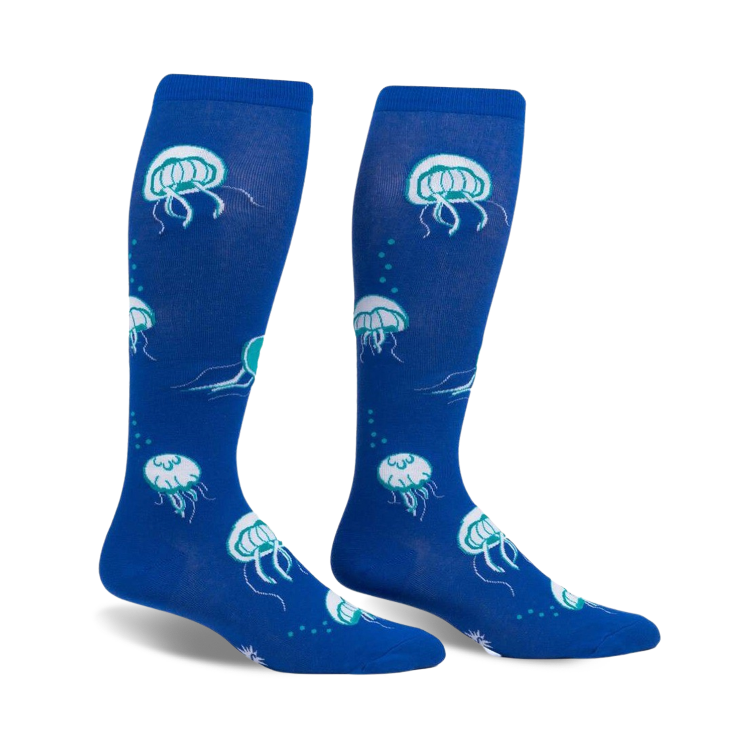 Pair of blue knee-high socks with a whimsical jellyfish pattern.  Features teal accents and glows in the dark!