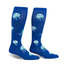 blue knee-high wide calf socks with white jellyfish with green and blue details pattern, ideal for men and women.  