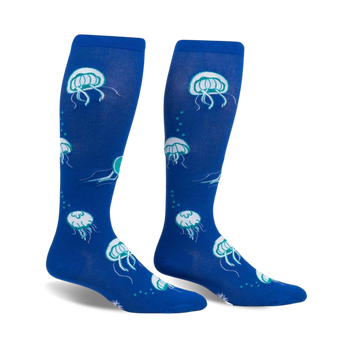 blue knee-high wide calf socks with white jellyfish with green and blue details pattern, ideal for men and women.  