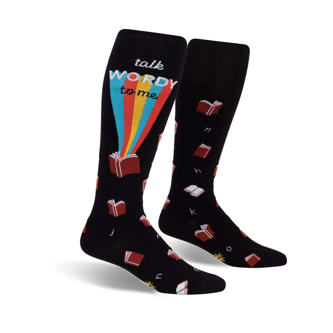 Pair of black knee-high socks with a whimsical design. Features red books, a rainbow, and the phrase 'Talk Wordy To Me'.