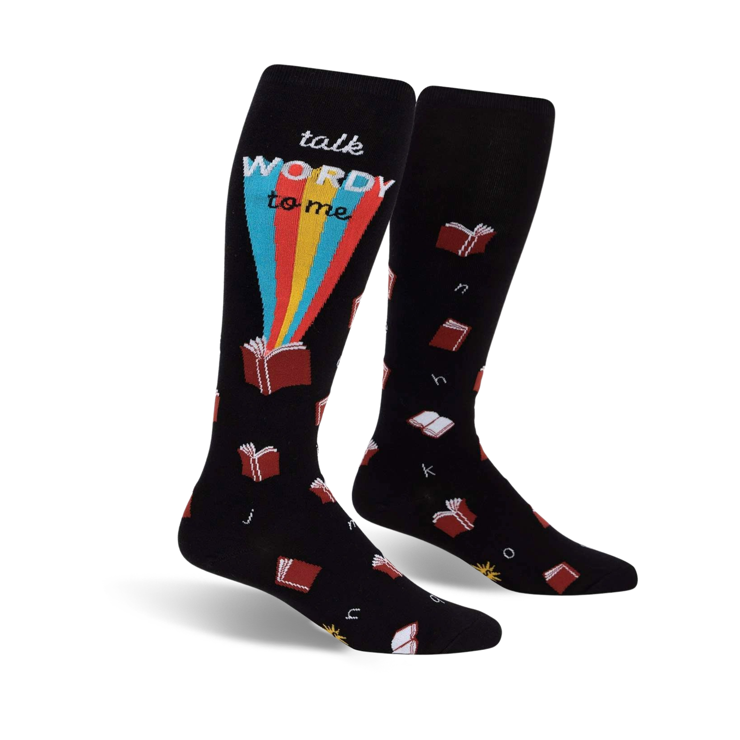 Pair of black knee-high socks with a whimsical design. Features red books, a rainbow, and the phrase 'Talk Wordy To Me'.