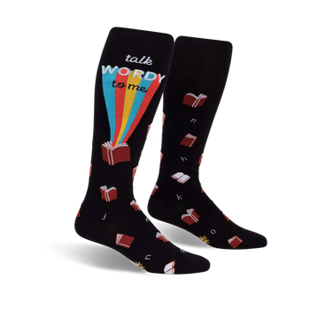 women's knee-high socks featuring "talk wordy to me" and rainbow books.  
