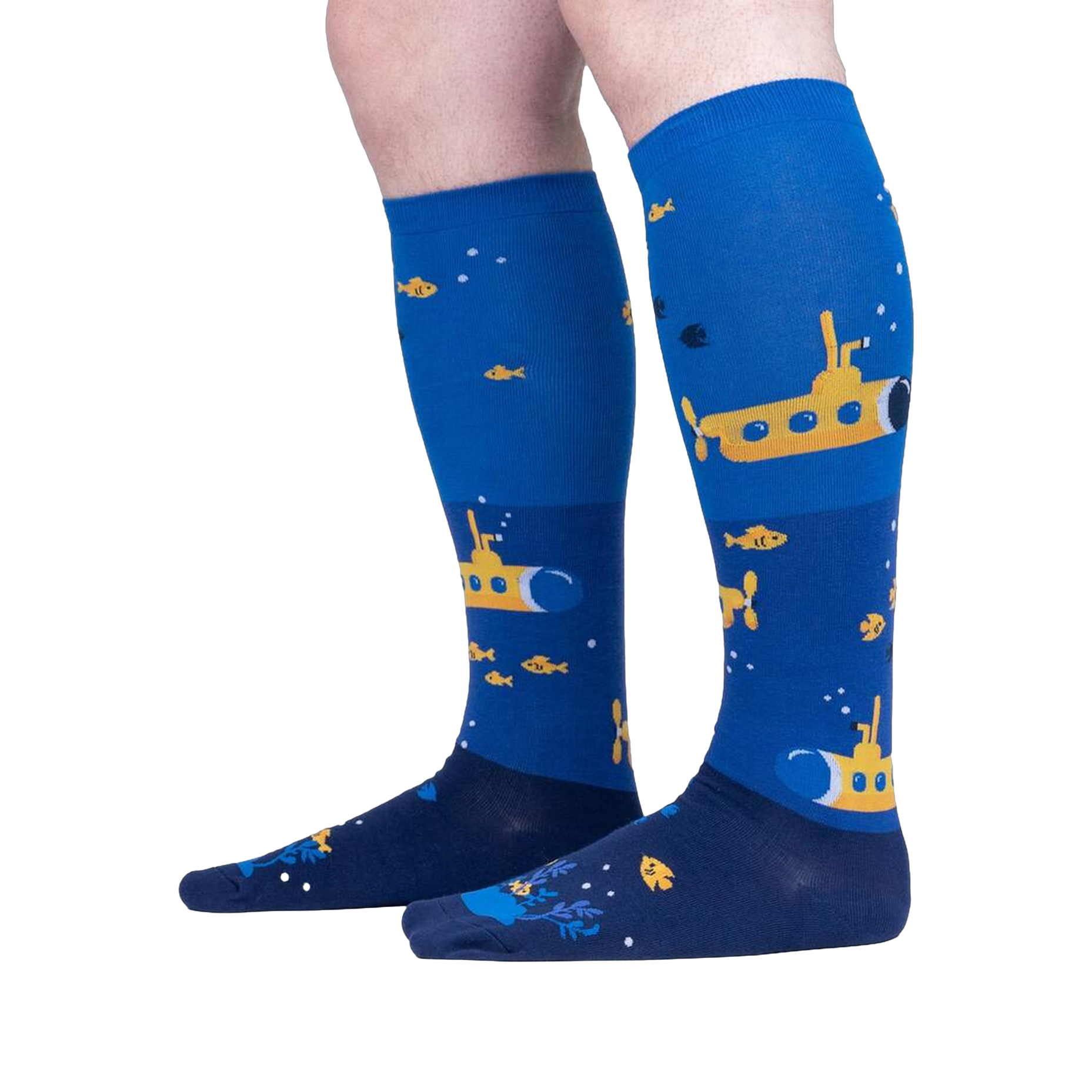 Lifestyle shot showing a person wearing the Aquatic Adventure socks. The socks are knee-high and feature a submarine design.