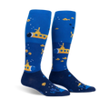Pair of blue and yellow knee-high socks featuring yellow submarines, small fish, and bubbles. 