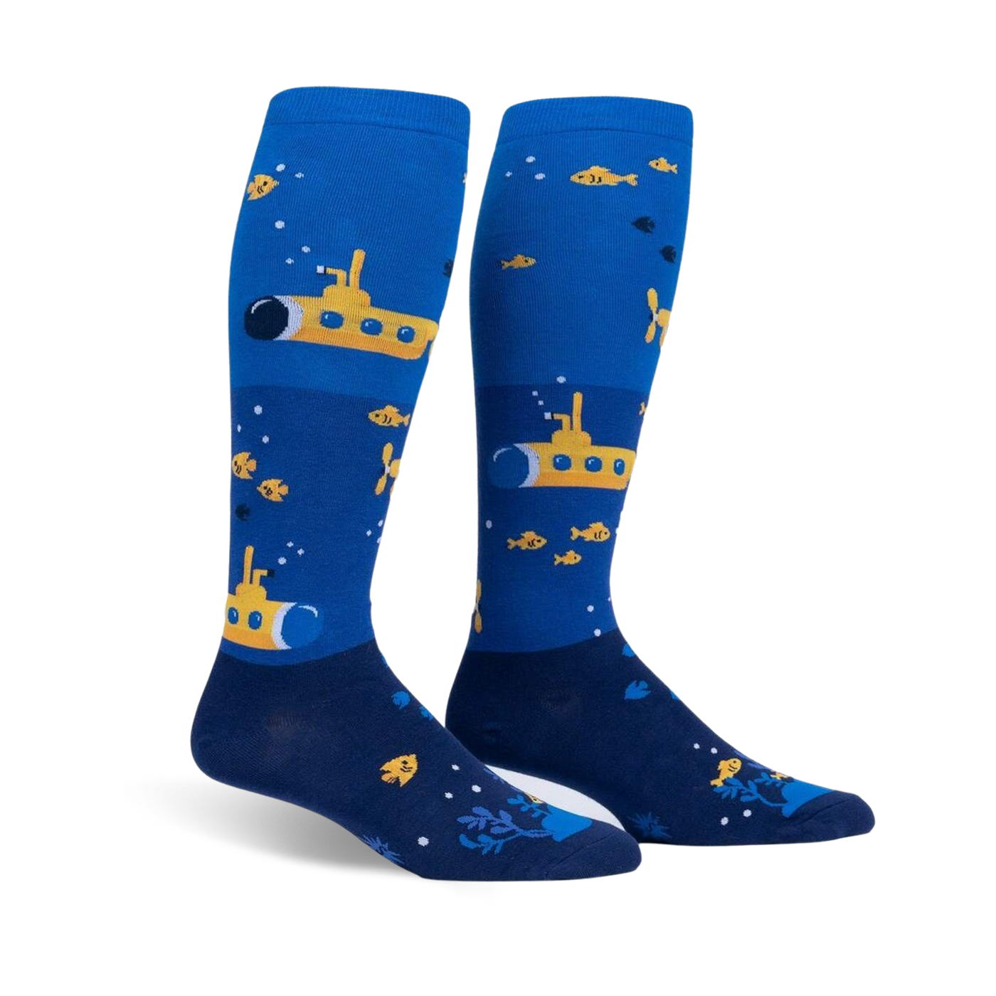 Pair of blue and yellow knee-high socks featuring yellow submarines, small fish, and bubbles. 