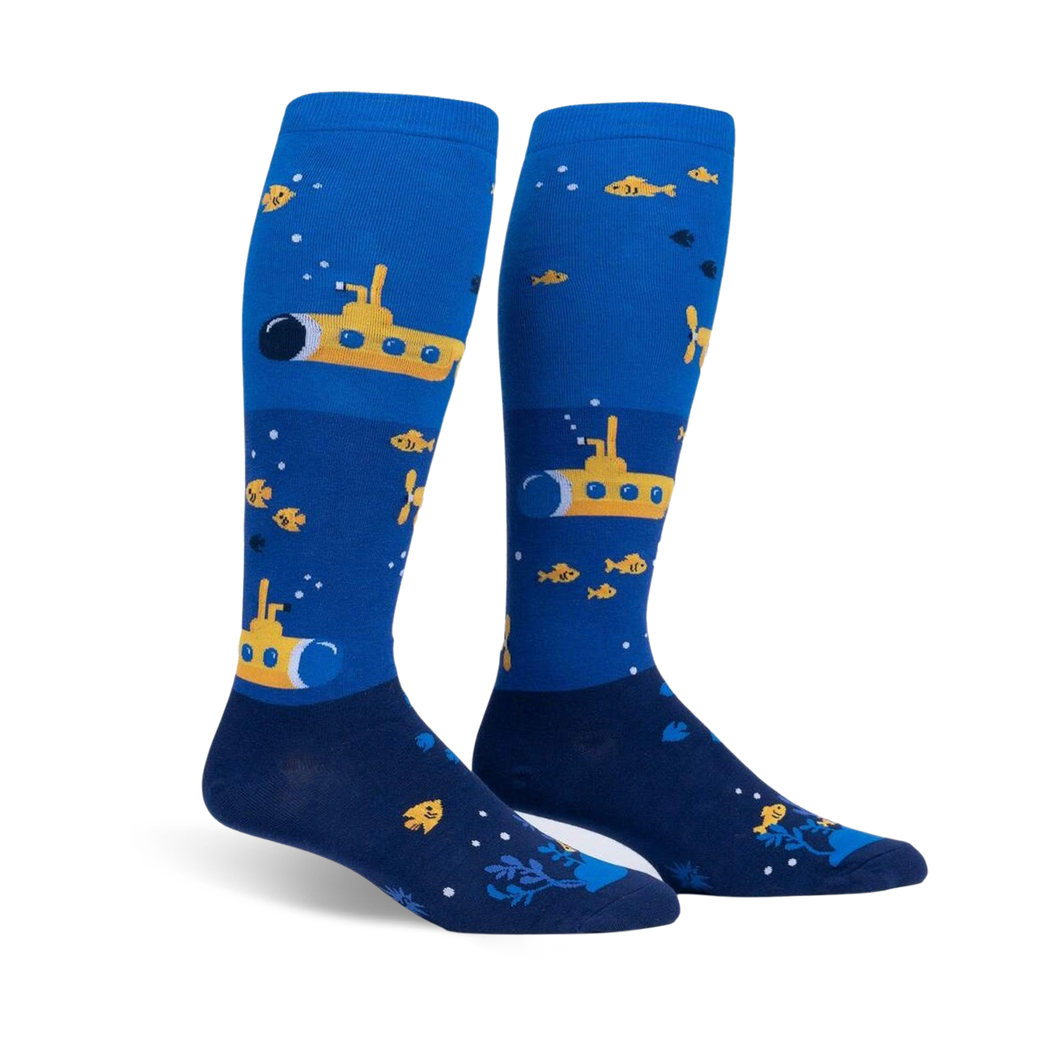 Pair of blue and yellow knee-high socks featuring yellow submarines, small fish, and bubbles. 