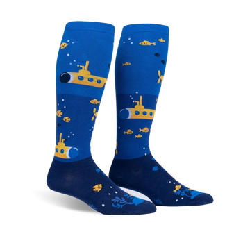 yellow submarines and orange fish frolic in blue waters on these knee-high, wide-calf socks for men and women.  