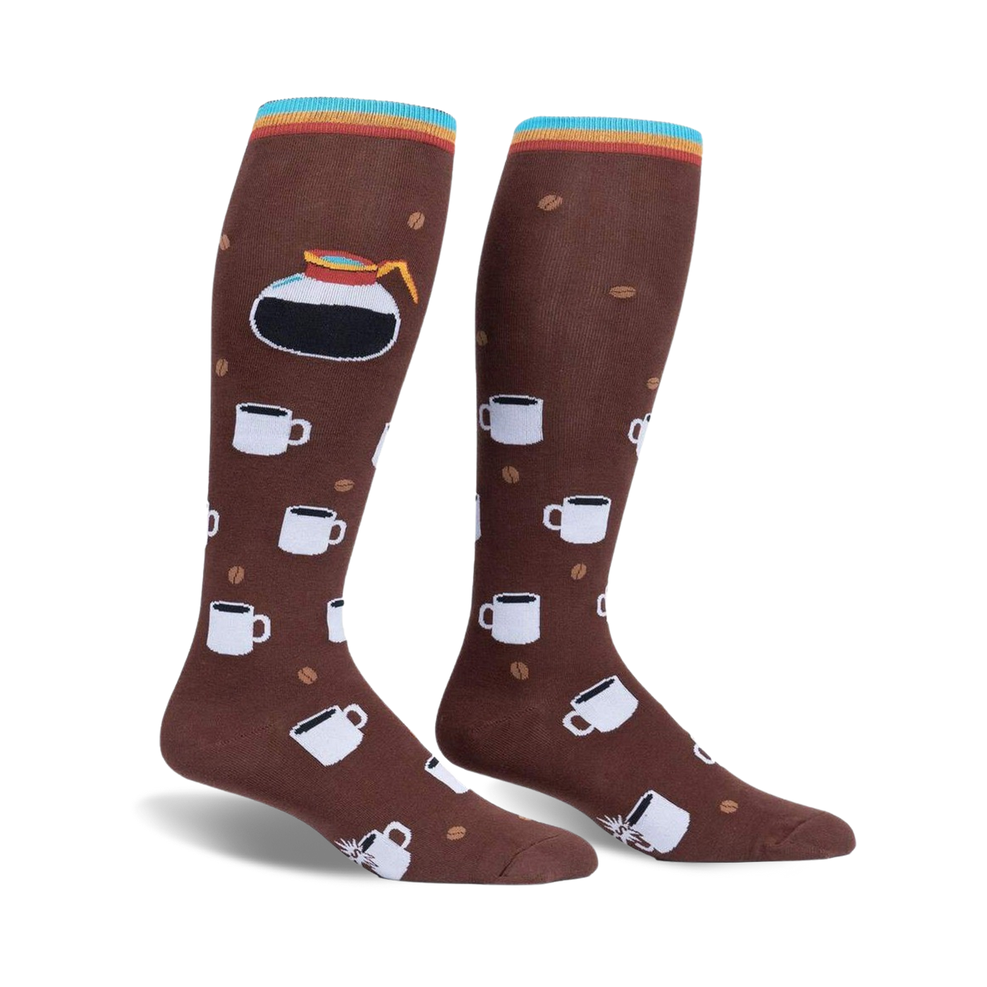 Pair of brown knee-high socks with a repeating pattern of coffee cups and coffee beans. A coffee pot is featured prominently on the calf area. Multicolored stripes at the top.