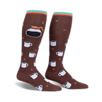 Pair of brown knee-high socks with a repeating pattern of coffee cups and coffee beans. A coffee pot is featured prominently on the calf area. Multicolored stripes at the top.