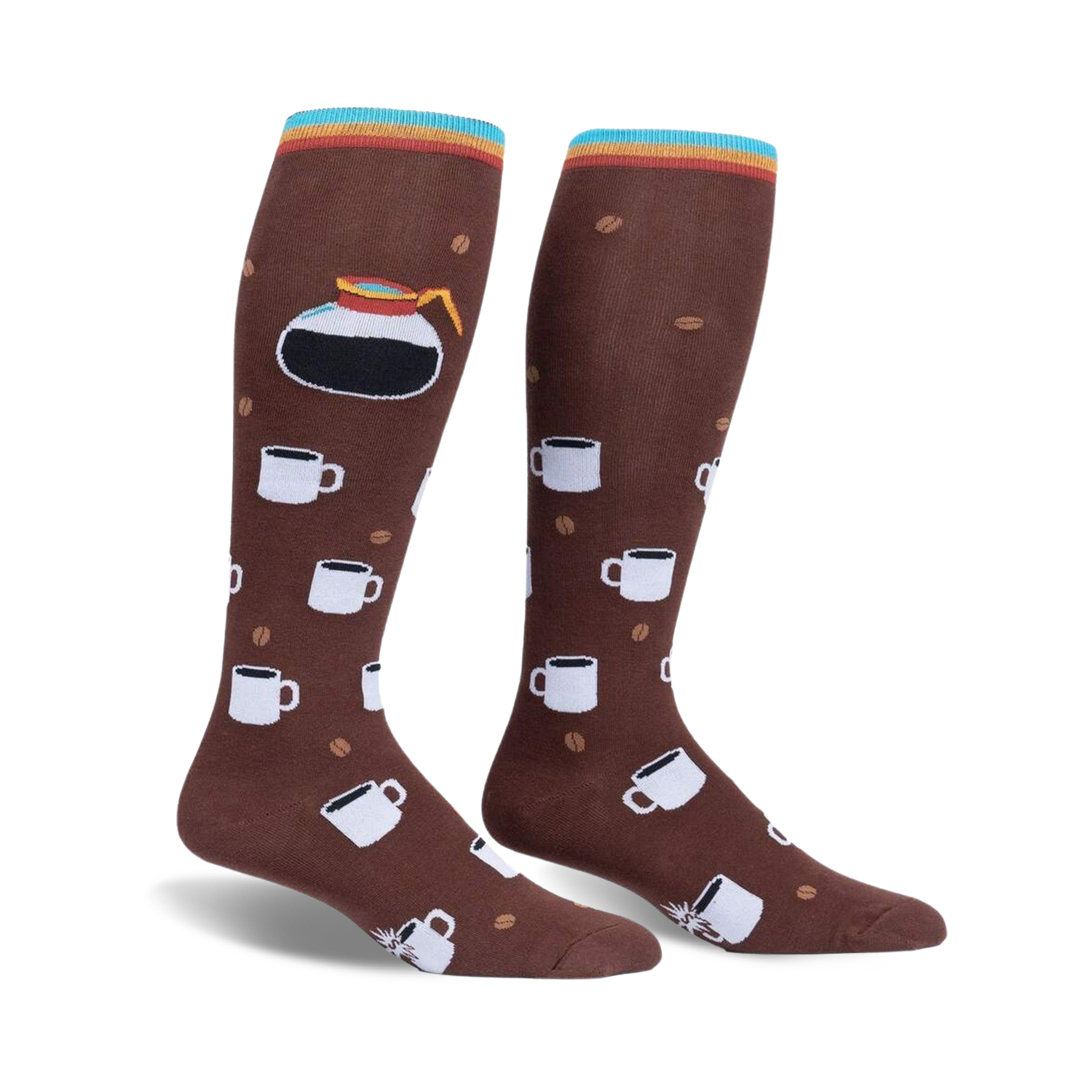 Pair of brown knee-high socks with a repeating pattern of coffee cups and coffee beans. A coffee pot is featured prominently on the calf area. Multicolored stripes at the top.