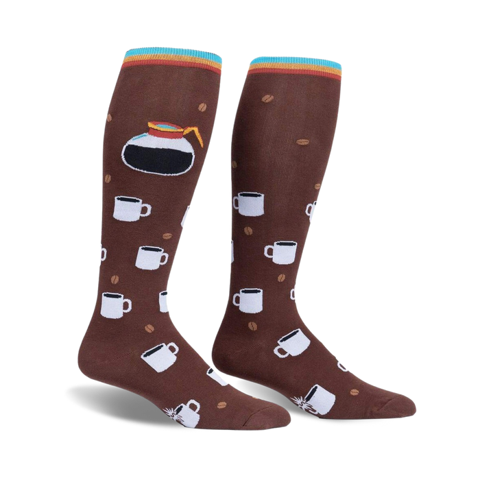 pothead coffee bean and coffee cup pattern knee-high wide calf socks for men and women.   