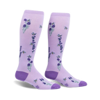 Pair of purple knee-high socks with a lavender and bee design.  Features small lavender sprigs and busy bees on a light purple background.