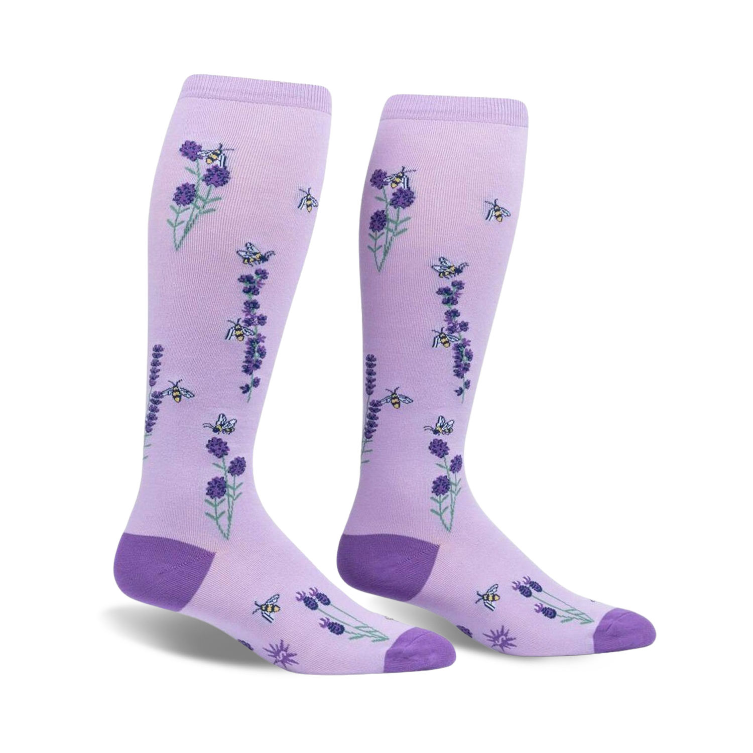 Pair of purple knee-high socks with a lavender and bee design.  Features small lavender sprigs and busy bees on a light purple background.