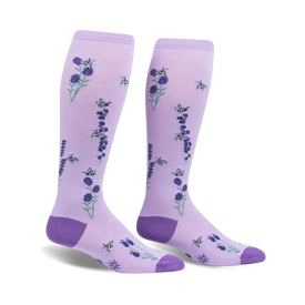 purple knee-high wide-calf socks featuring yellow and black bees on lavender and green flowers.  