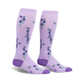 purple knee-high wide-calf socks featuring yellow and black bees on lavender and green flowers.  
